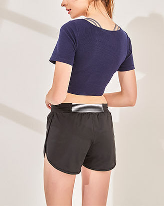 トレンド綿混ストレッチ半袖フロントクロスTシャツヨガトップス 2443