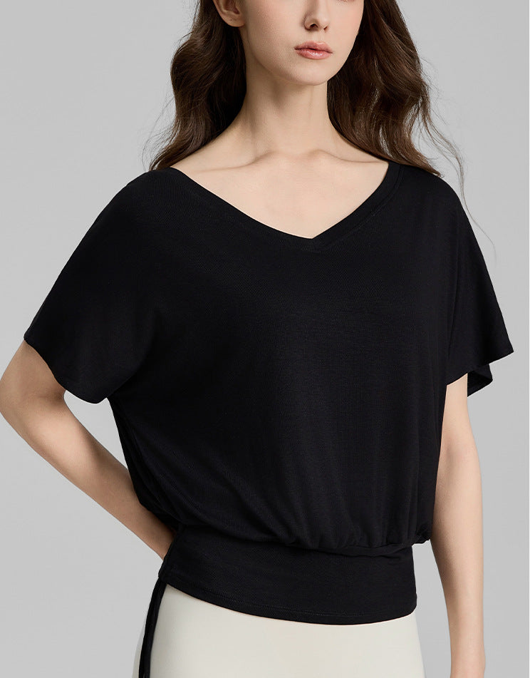 ゆったりVネック裾ドロスト半袖ヨガウェアフィットネスTシャツ 2450