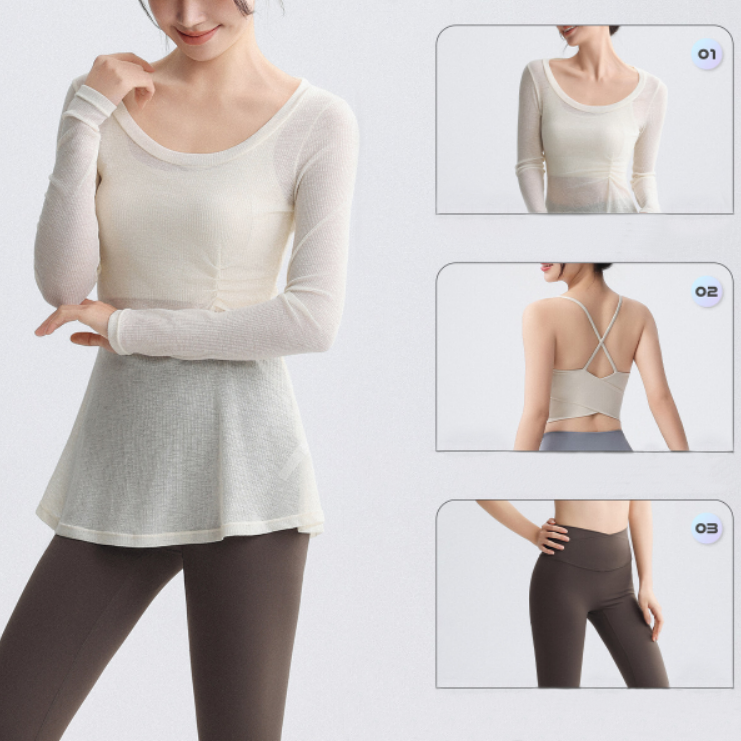 ブラトップ・レギンス・ロング袖Tシャツセット サイズ1 ブラウン エミヨガ 長袖薄手トップスブラトップレギンス上下3点セット 4123 – YogiPop