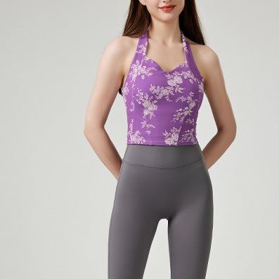 ファッション弾力性ヨガベストスポーツ花柄カップ付き上下セット 4107