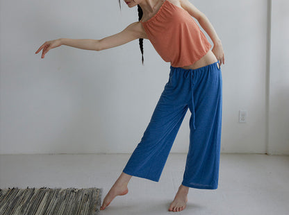 リネン混ドローストリングワイドストレート8分丈パンツ 3165