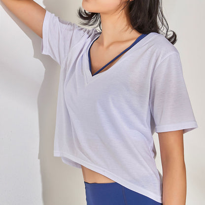 軽量ゆったりVネッククロップド丈スポーツTシャツ 2548