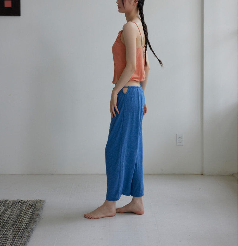 リネン混ドローストリングワイドストレート8分丈パンツ 3165