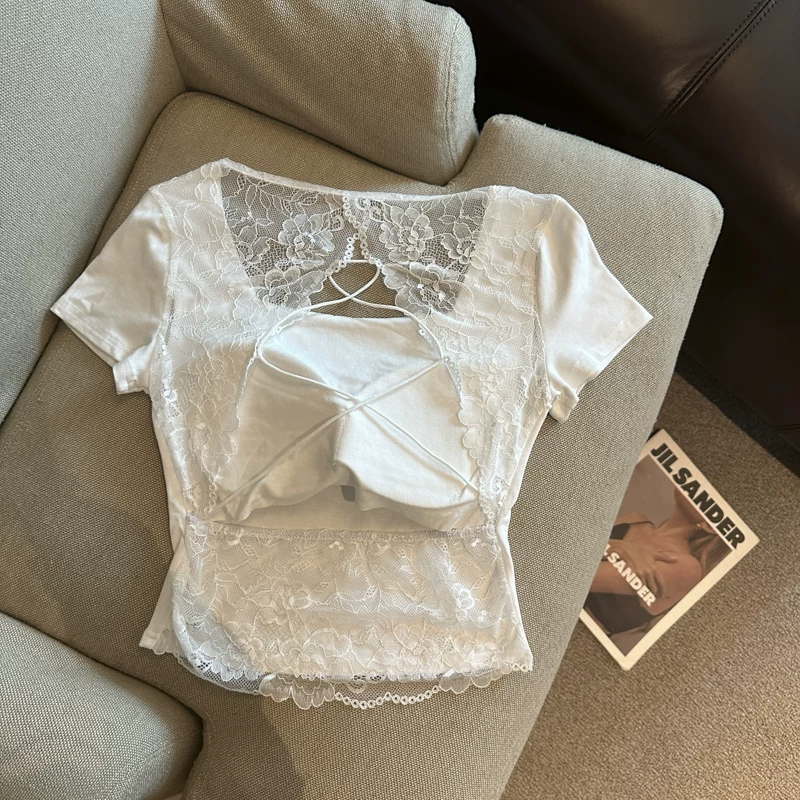 セクシーUネックレースバックオープンカップ付きトップス 2500