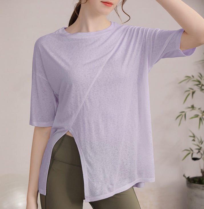 フィットネスゆったりテンセル半袖サイドスリットTシャツ 2471