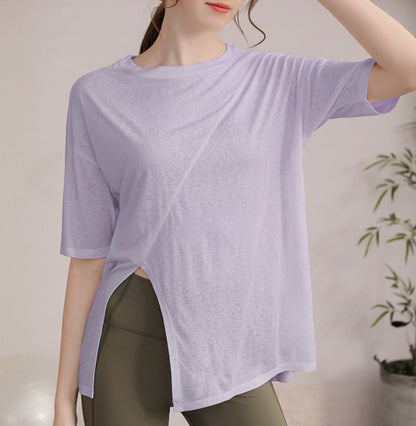 フィットネスゆったりテンセル半袖サイドスリットTシャツ 2471
