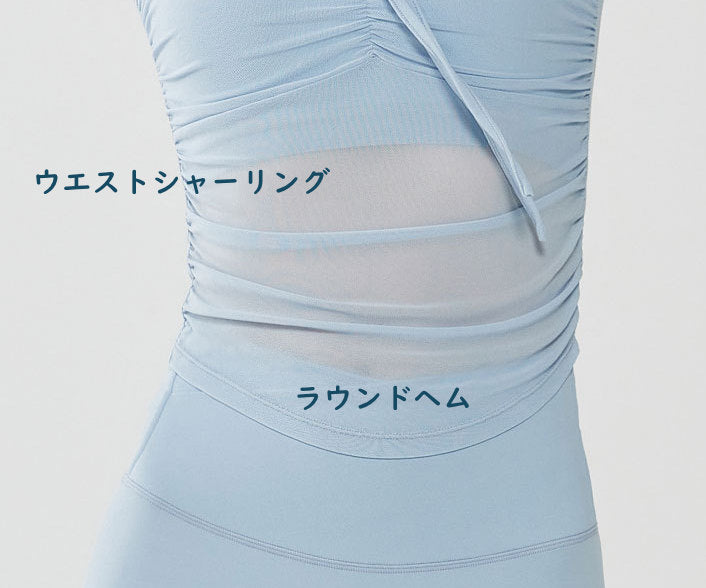 Vネック長袖メッシュスリムフィットカップ付きトップス 2549