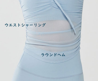 Vネック長袖メッシュスリムフィットカップ付きトップス 2549
