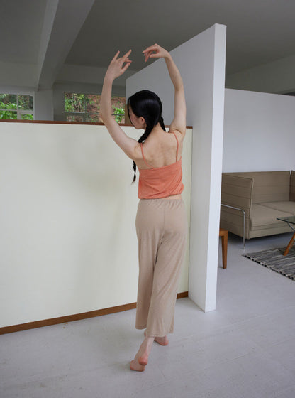 リネン混ドローストリングワイドストレート8分丈パンツ 3165
