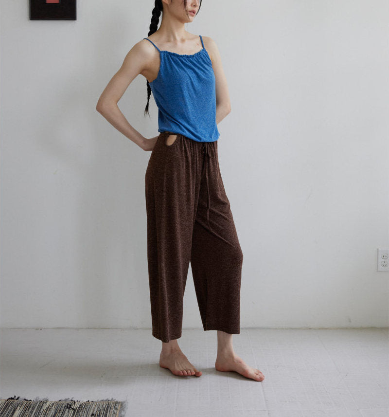リネン混ドローストリングワイドストレート8分丈パンツ 3165
