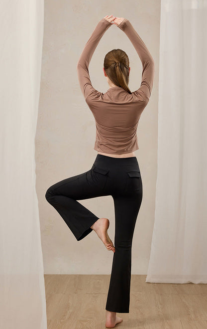 ウエストギャザーロングスリーブ体型カバーヨガ トップス  2399