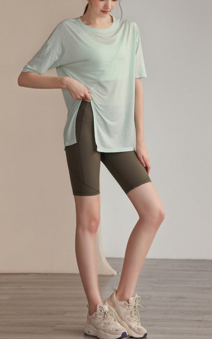 フィットネスゆったりテンセル半袖サイドスリットTシャツ 2471
