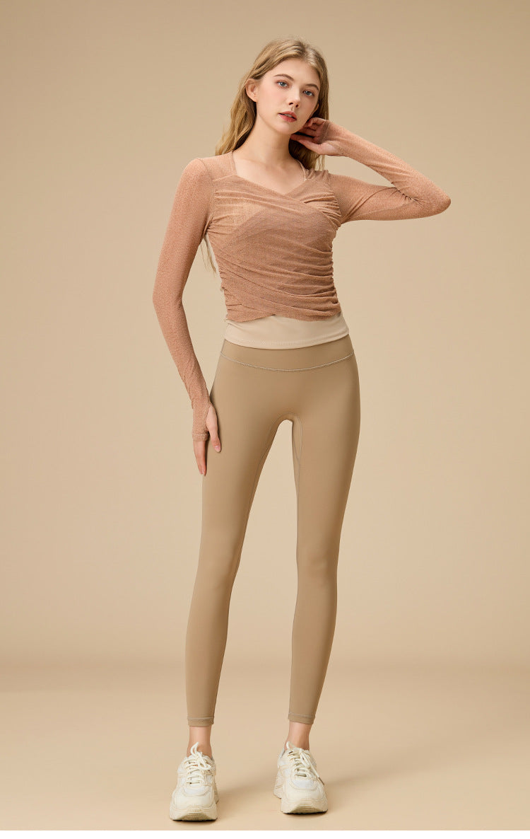 レイヤード風シースルー ロングスリーブヨガトップス 2398