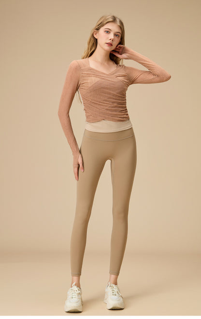 レイヤード風シースルー ロングスリーブヨガトップス 2398