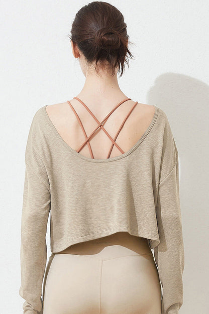 コットン クルーネック ゆったりヨガトップ 2391