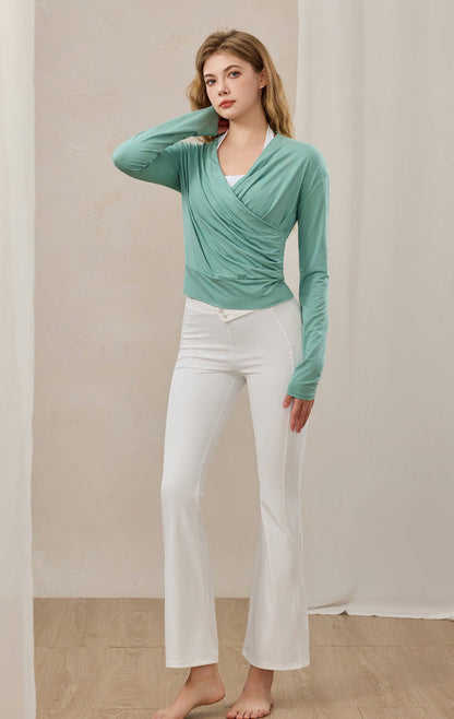 ウエストギャザーロングスリーブ体型カバーヨガ トップス  2399