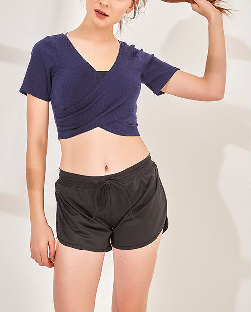 トレンド綿混ストレッチ半袖フロントクロスＴシャツヨガトップス 2443