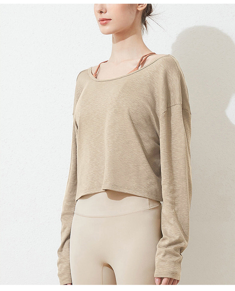 コットン クルーネック ゆったりヨガトップ 2391