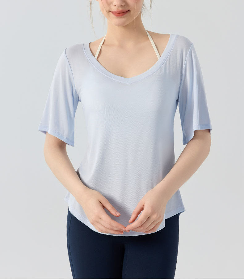 フィットネス半袖VネックスポーツウェアTシャツシアートップス 2473
