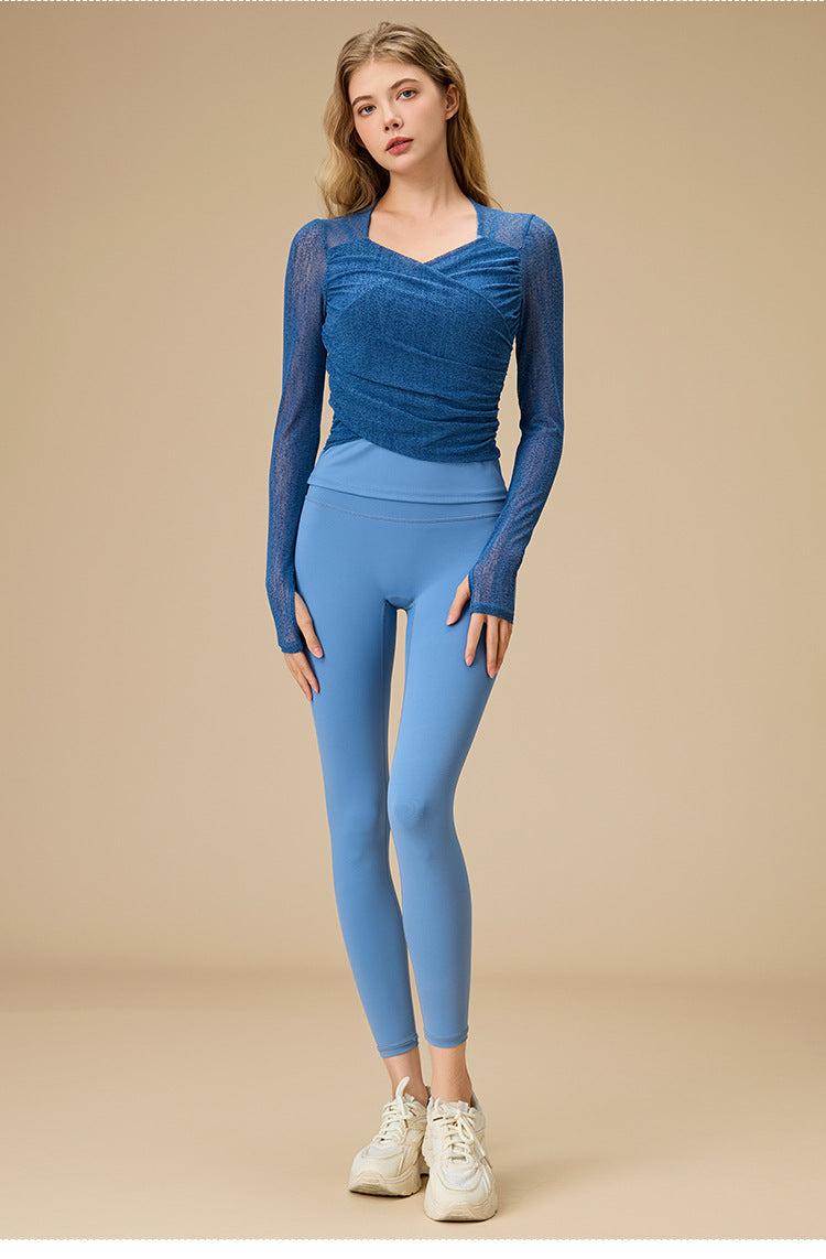 レイヤード風シースルー ロングスリーブヨガトップス 2398