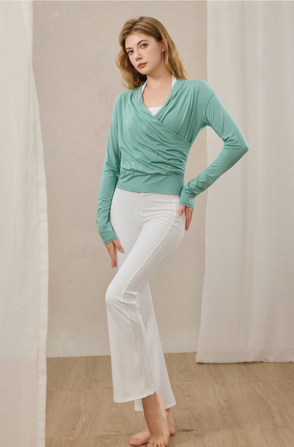 ウエストギャザーロングスリーブ体型カバーヨガ トップス  2399