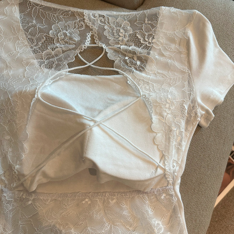 セクシーUネックレースバックオープンカップ付きトップス 2500