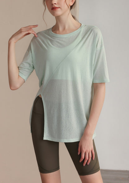 フィットネスゆったりテンセル半袖サイドスリットTシャツ 2471