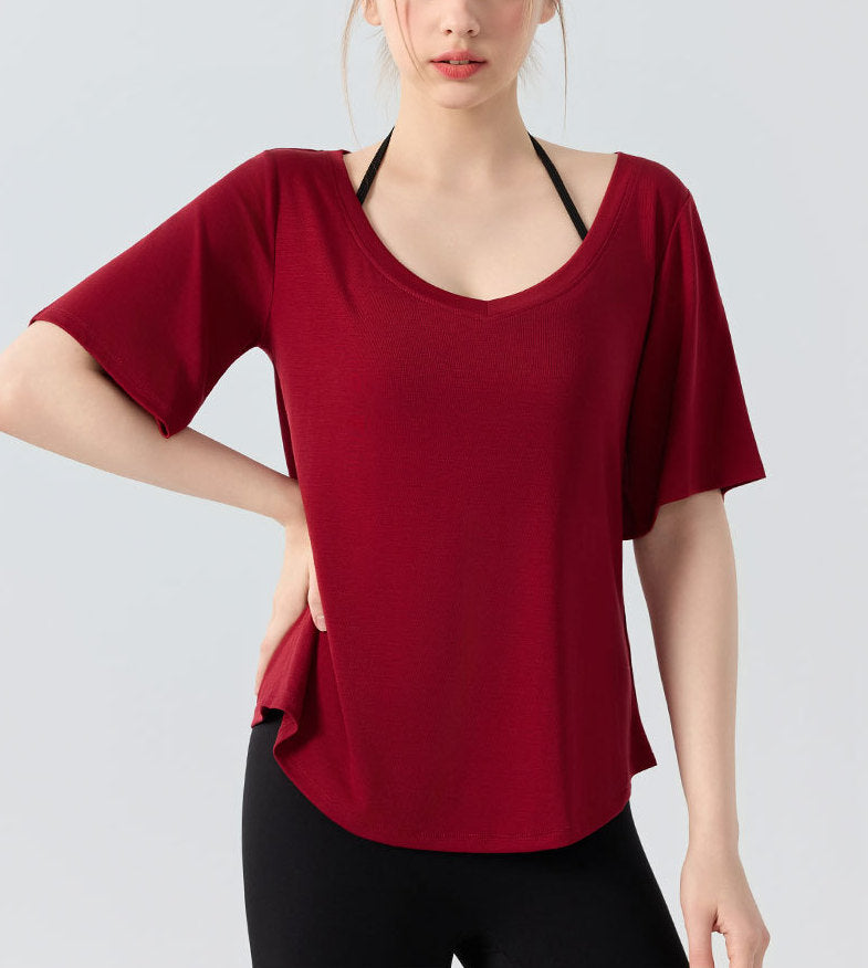 フィットネス半袖VネックスポーツウェアTシャツシアートップス 2473