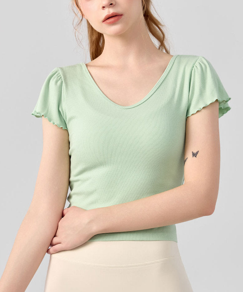 Vネックフリル袖ニットスポーツウェアTシャツ 2501
