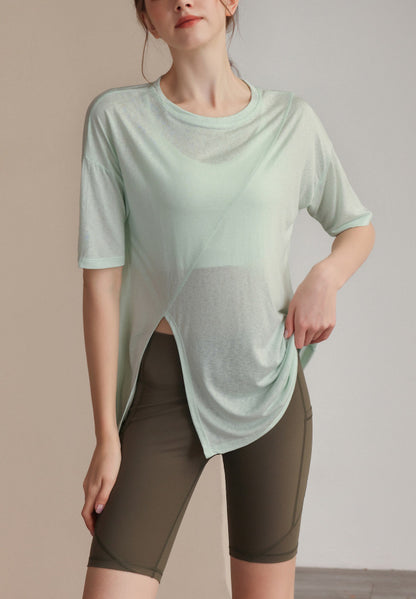 フィットネスゆったりテンセル半袖サイドスリットTシャツ 2471