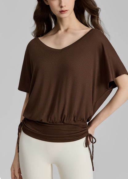 ゆったりVネック裾ドロスト半袖ヨガウェアフィットネスTシャツ 2450