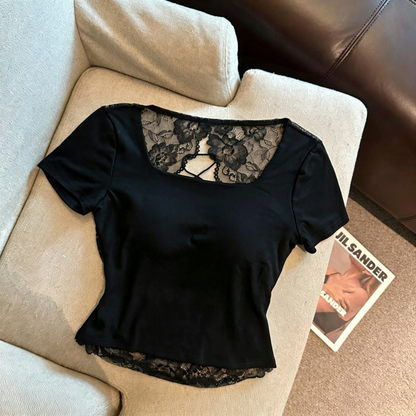 セクシーUネックレースバックオープンカップ付きトップス 2500