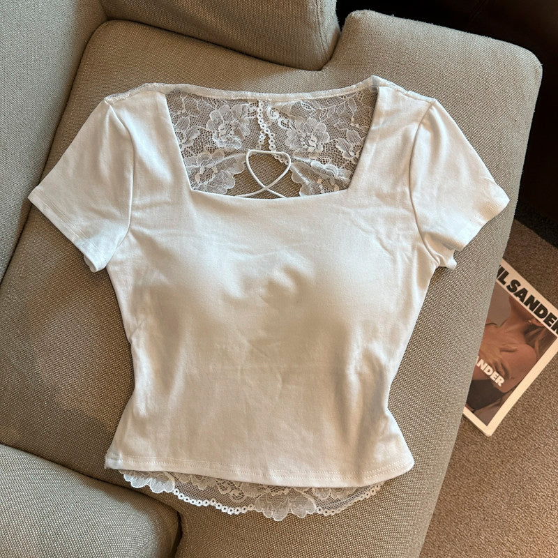 セクシーUネックレースバックオープンカップ付きトップス 2500