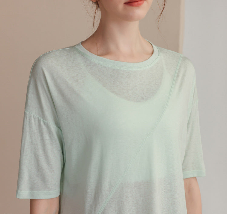 フィットネスゆったりテンセル半袖サイドスリットTシャツ 2471