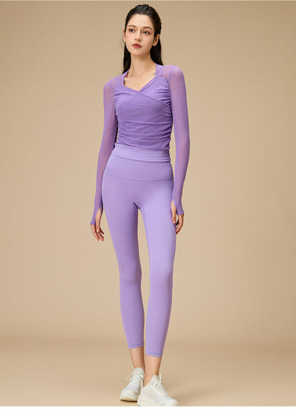 レイヤード風シースルー ロングスリーブヨガトップス 2398