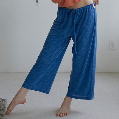 リネン混ドローストリングワイドストレート8分丈パンツ 3165