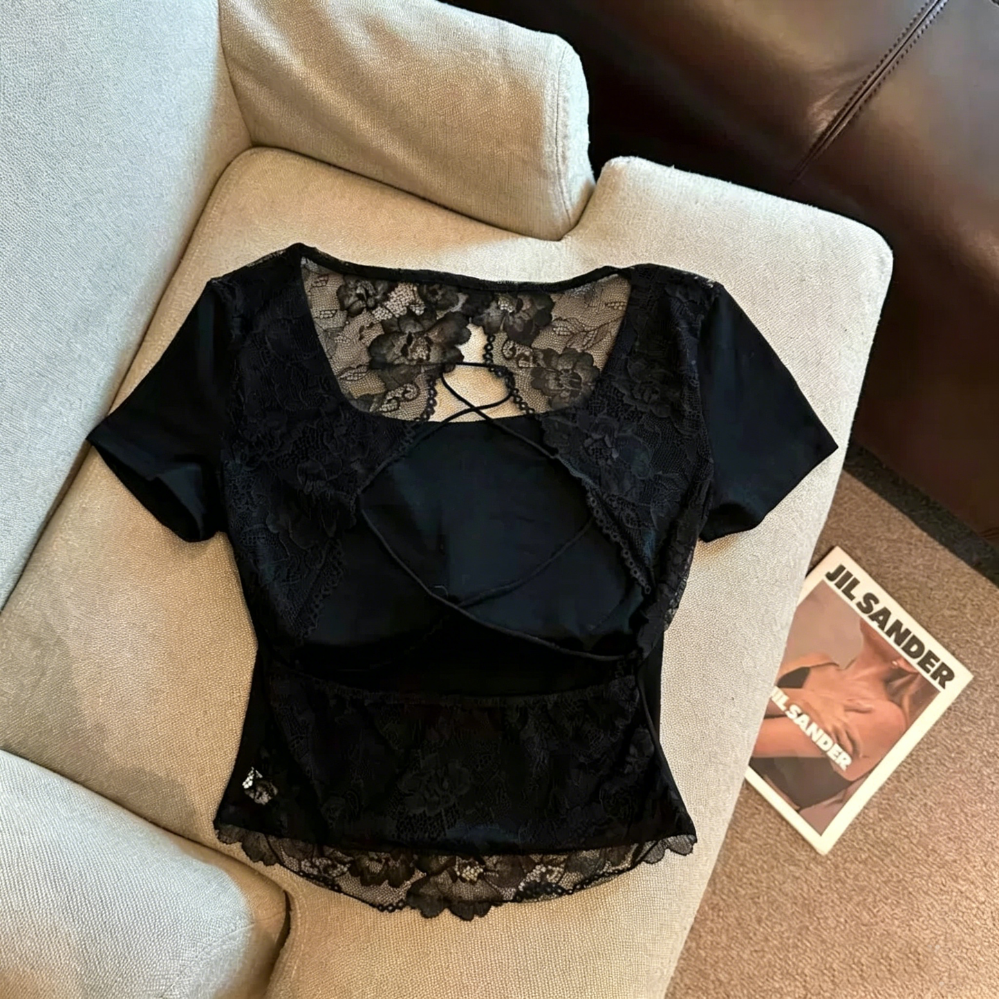 セクシーUネックレースバックオープンカップ付きトップス 2500