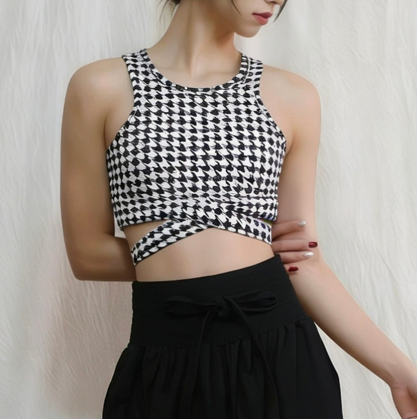 レトロプリント クロスストラップ ヨガトップス 2412