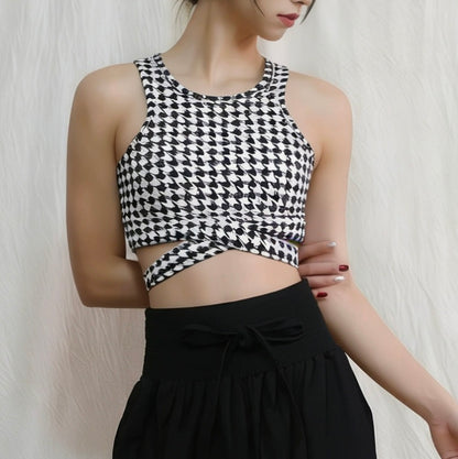 レトロプリント クロスストラップ ヨガトップス 2412