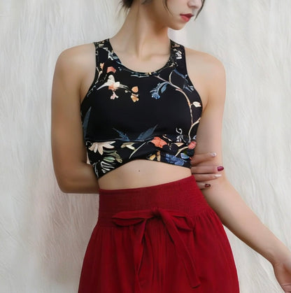 レトロプリント クロスストラップ ヨガトップス 2412