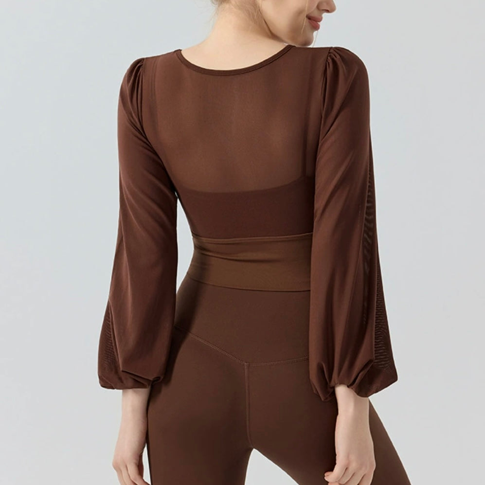 フェイクツー リボン メッシュ ヨガトップス 2416