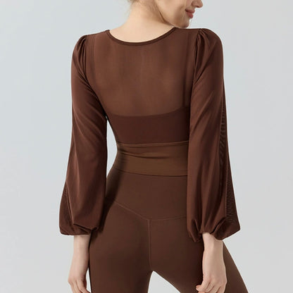 フェイクツー リボン メッシュ ヨガトップス 2416