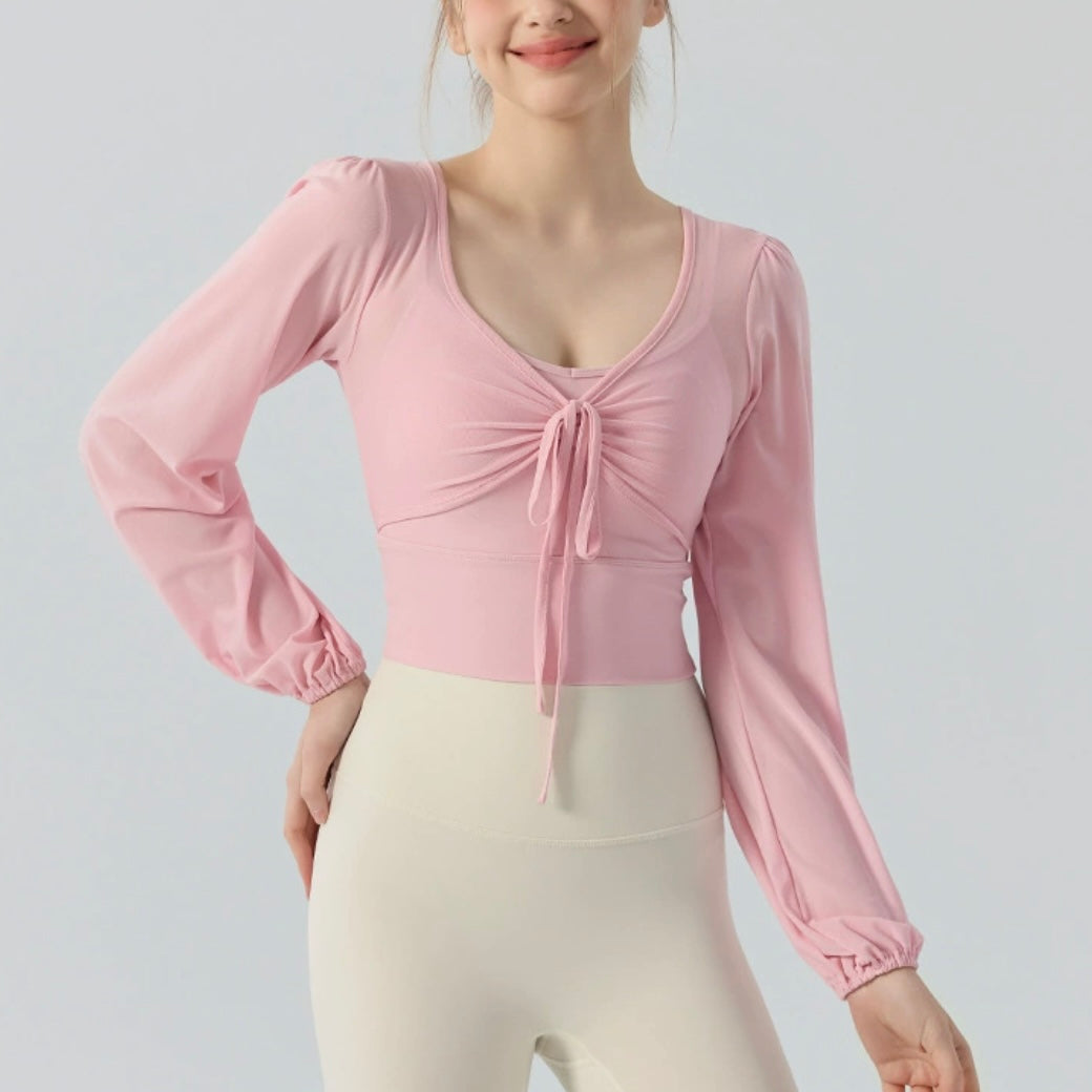 フェイクツー リボン メッシュ ヨガトップス 2416