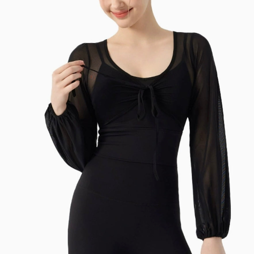 フェイクツー リボン メッシュ ヨガトップス 2416