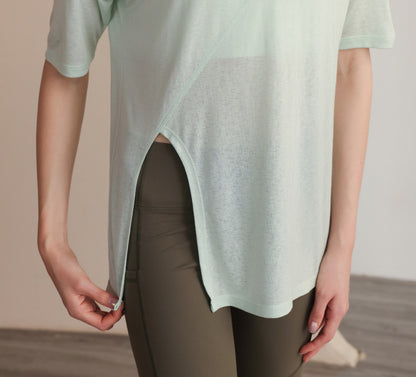 フィットネスゆったりテンセル半袖サイドスリットTシャツ 2471