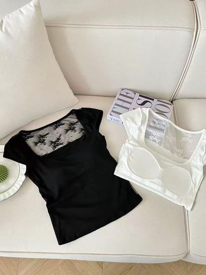 背中見せセクシーレース切り替えカップ付きTシャツ  2523