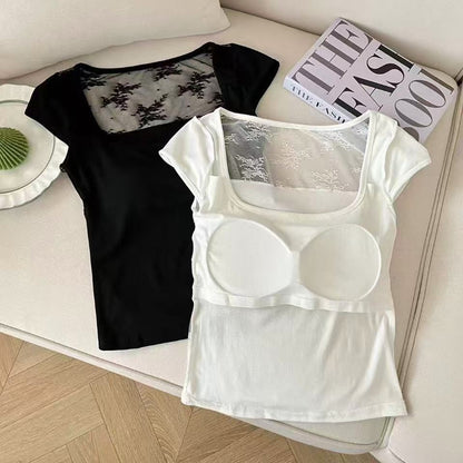 背中見せセクシーレース切り替えカップ付きTシャツ  2523
