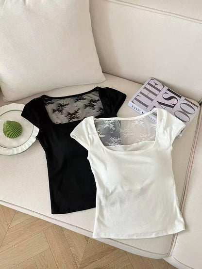 背中見せセクシーレース切り替えカップ付きTシャツ  2523