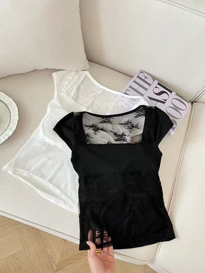 背中見せセクシーレース切り替えカップ付きTシャツ  2523