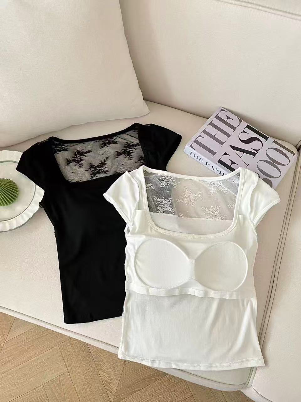 背中見せセクシーレース切り替えカップ付きTシャツ  2523